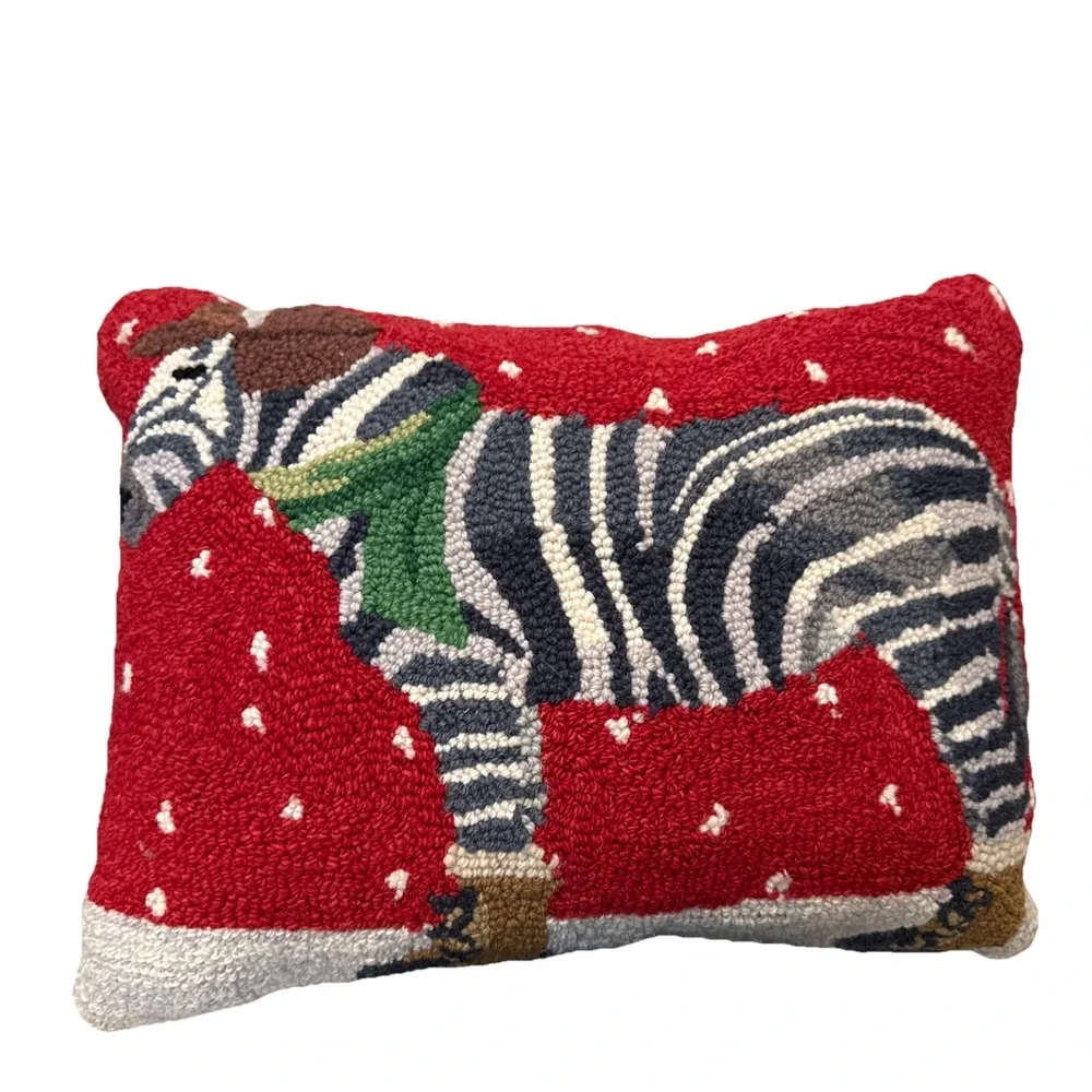 Grandin Road Zebra Winter Wonderland Hooked Wool Pillow Holiday‎ Accent 14x18